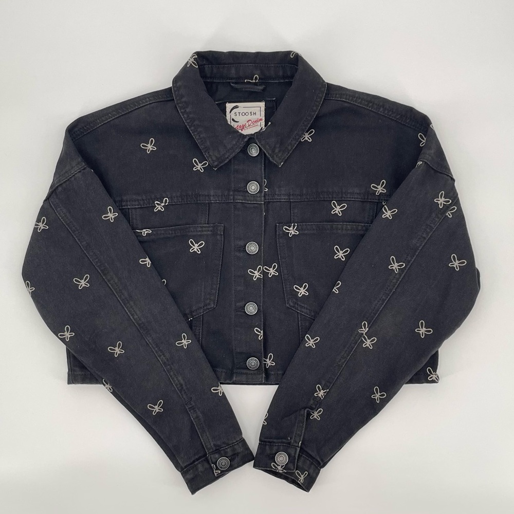 Stoosh Vintage Denim Butterfly Cropped Jean Jacket Black Size Small Button Front - Picture 3 of 11